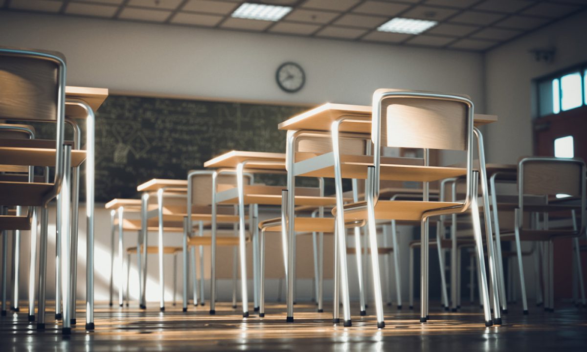 interior of a traditional primary school, wooden floor and elements, vintage and classic atmosphere. school and education concept. nobody around. 3d render.